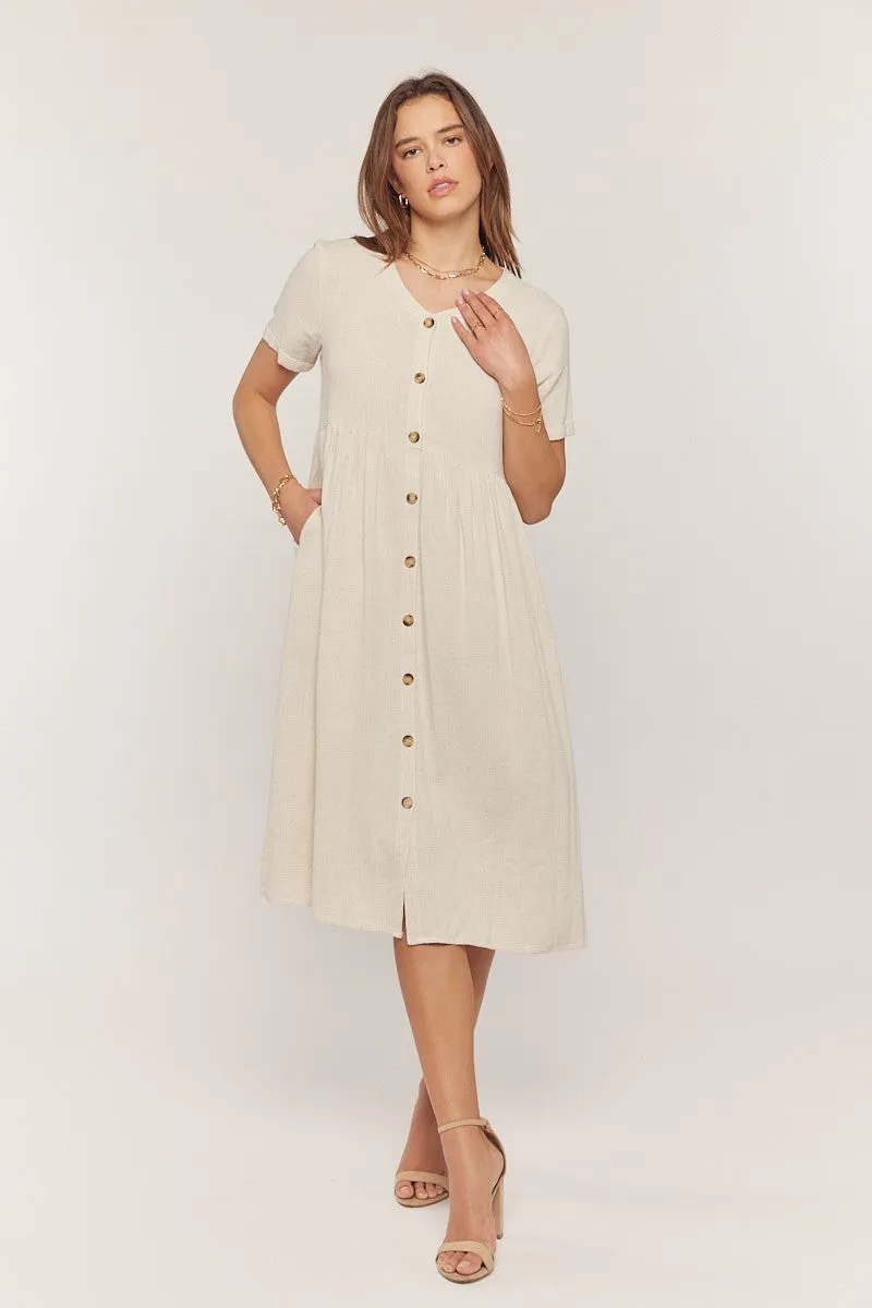 Beige Button Down Maternity Midi Dress