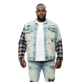 Big and Tall Plaid Mixed Media Jean Jacket - Mojave Blue