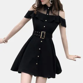 Cold Shoulder Turn-Down Collar Belt Dress