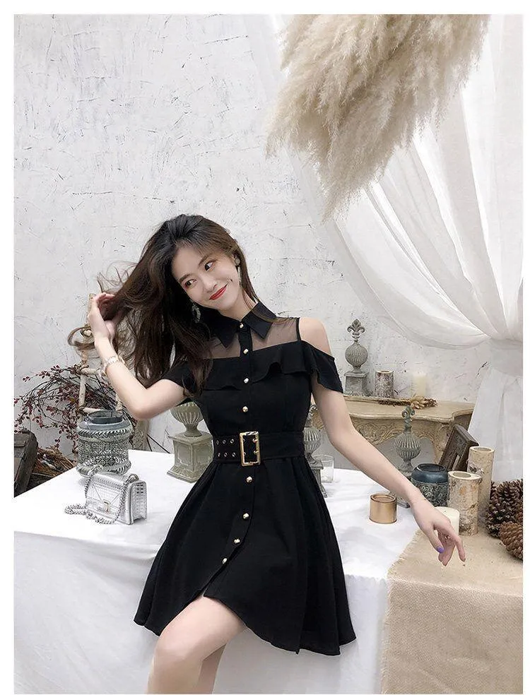 Cold Shoulder Turn-Down Collar Belt Dress