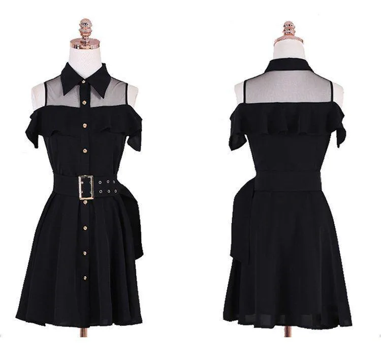 Cold Shoulder Turn-Down Collar Belt Dress