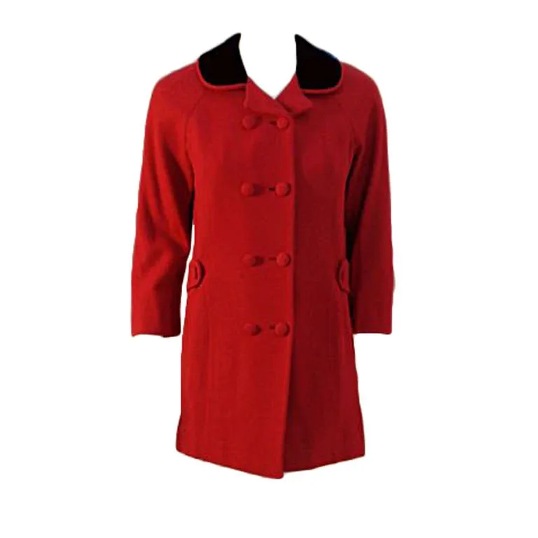 DON LOPER 1950s Red Wool Coat with Black Velvet Collar