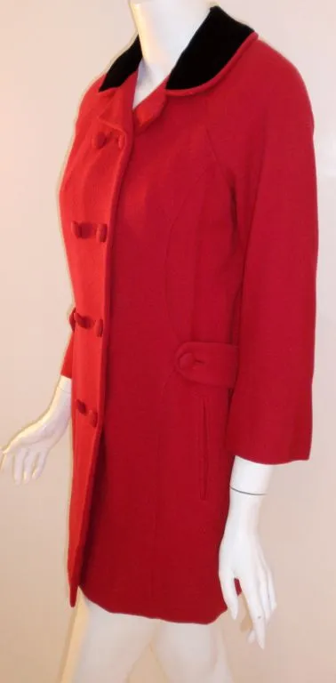 DON LOPER 1950s Red Wool Coat with Black Velvet Collar