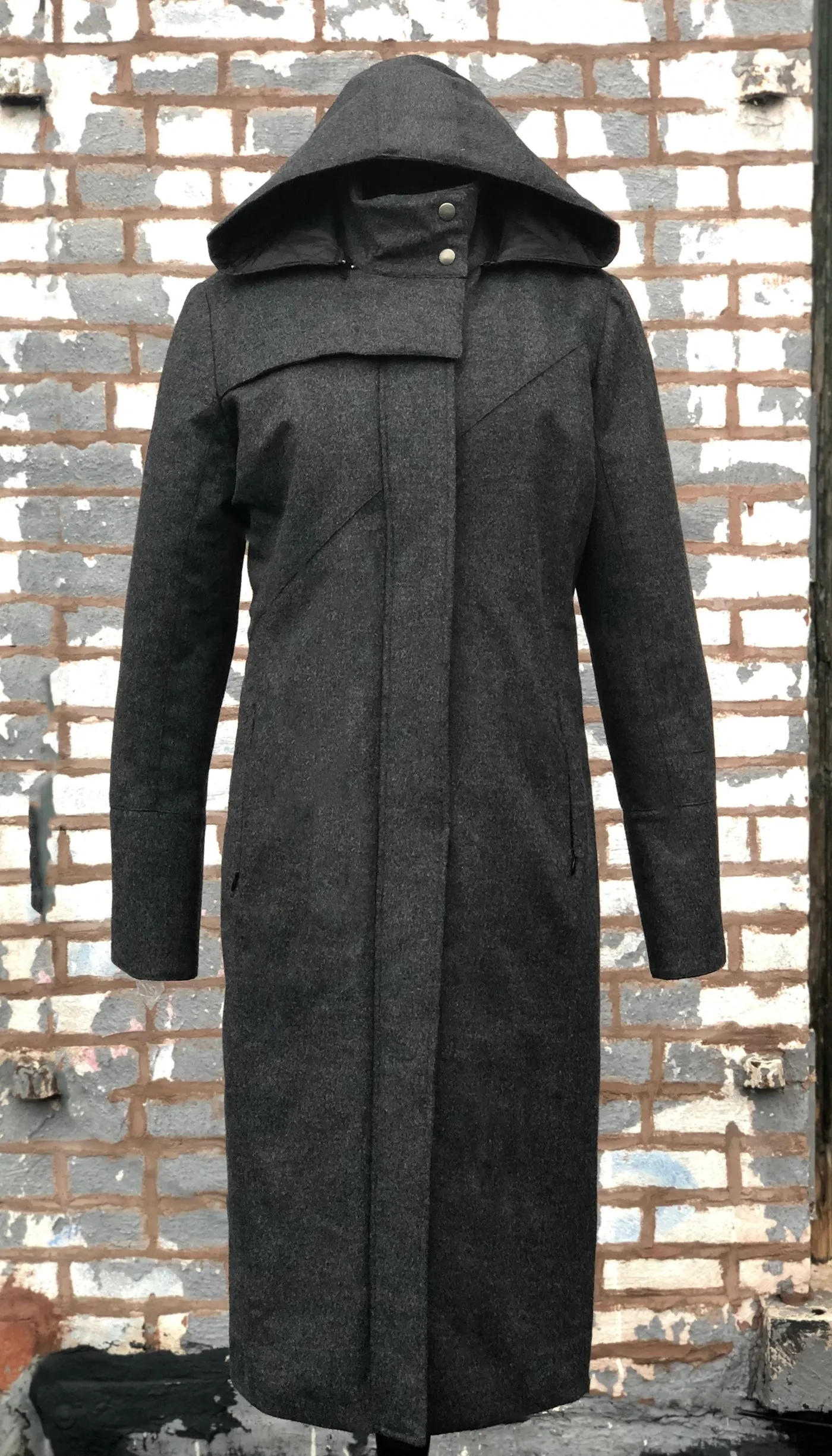 Hooded Mock Neck Zip Maxi Coat w/ Thinsulate Quilted Liner/ Charocal Storm Wool