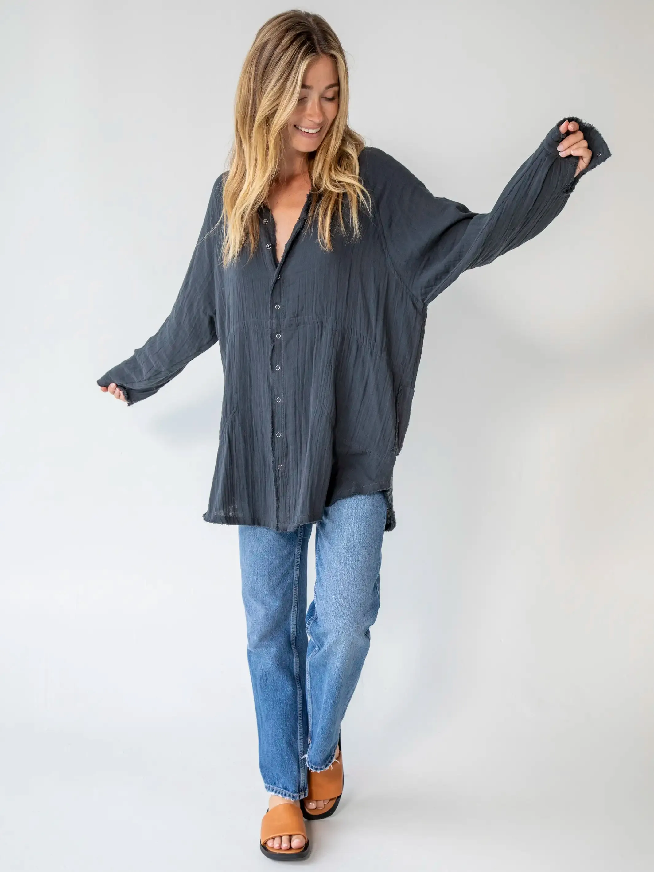 Laid Back Cotton Button Down Top - Charcoal