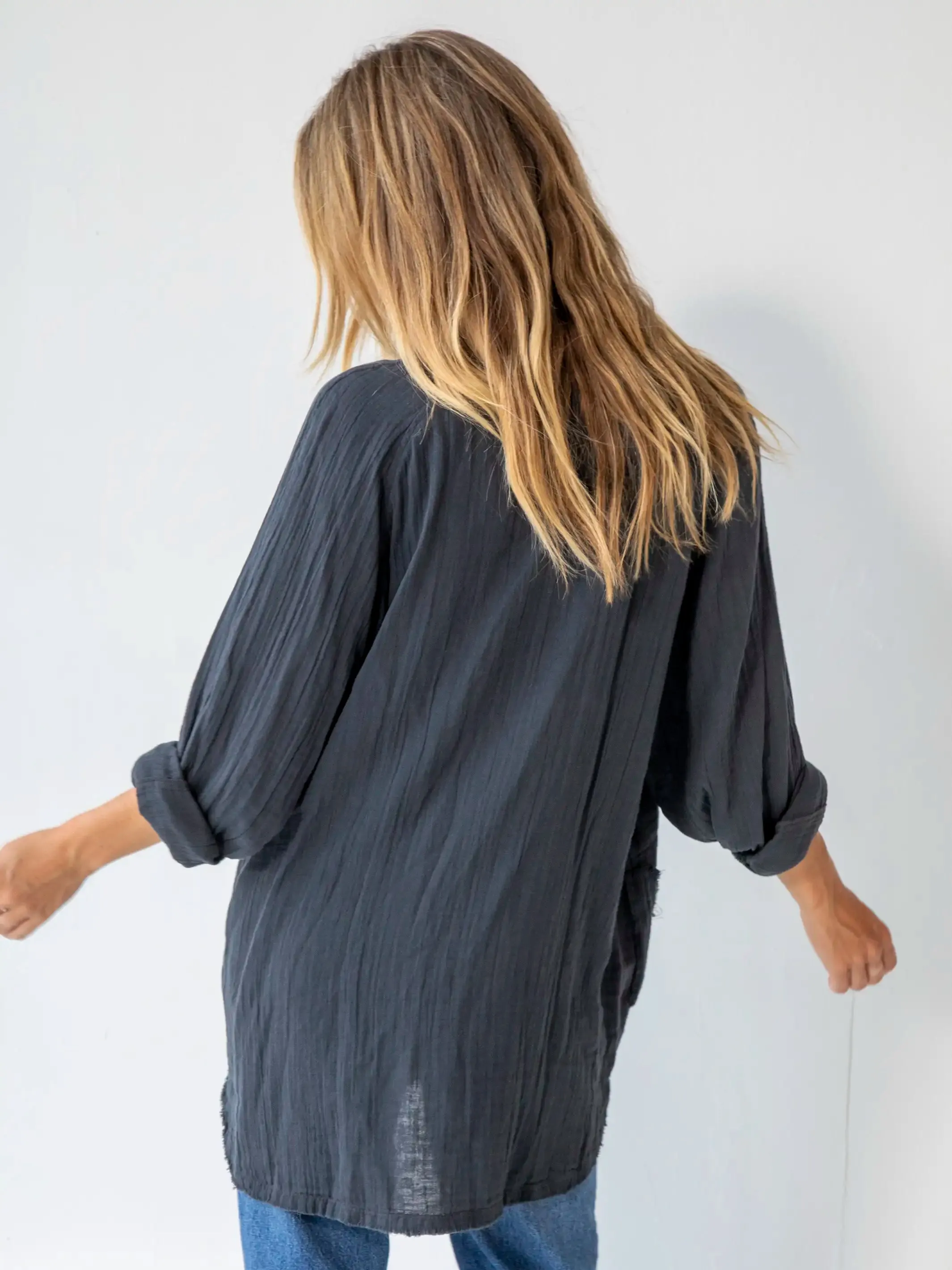 Laid Back Cotton Button Down Top - Charcoal