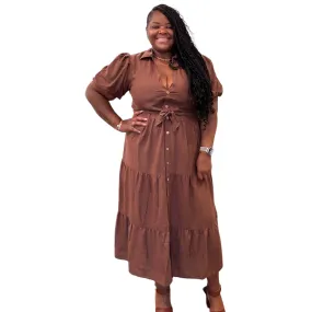 Linen Plus Size Brown Button Down Maxi Dress