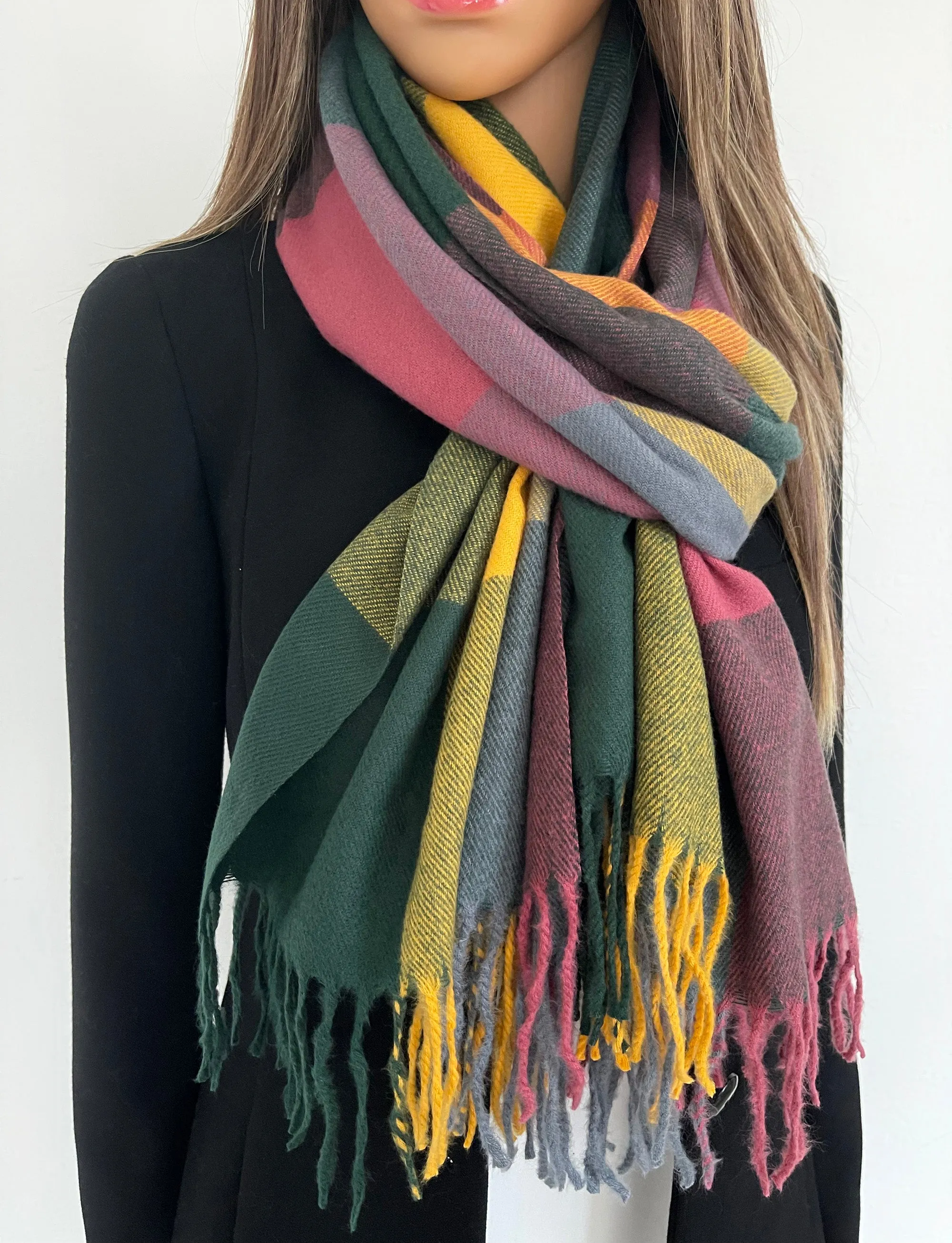 LONG YELLOW GREEN WOOL MIX CHECKED TARTAN SCARF