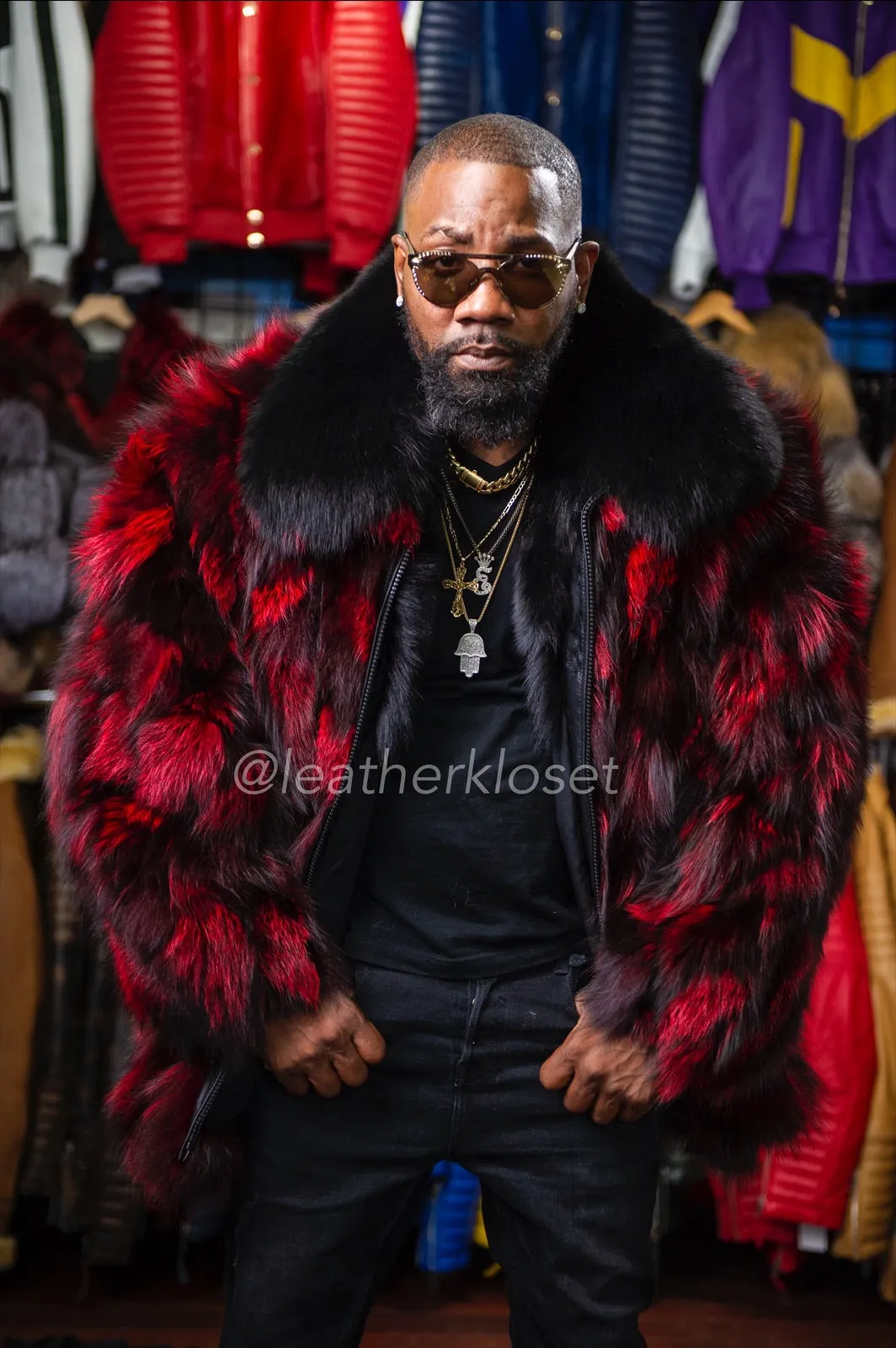 Men's Fox Fur Bomber Jacket [Black and Red]