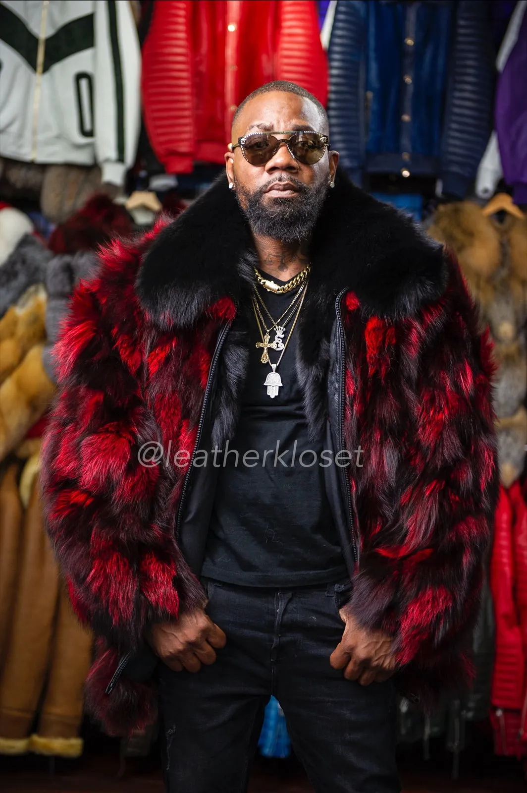 Men's Fox Fur Bomber Jacket [Black and Red]