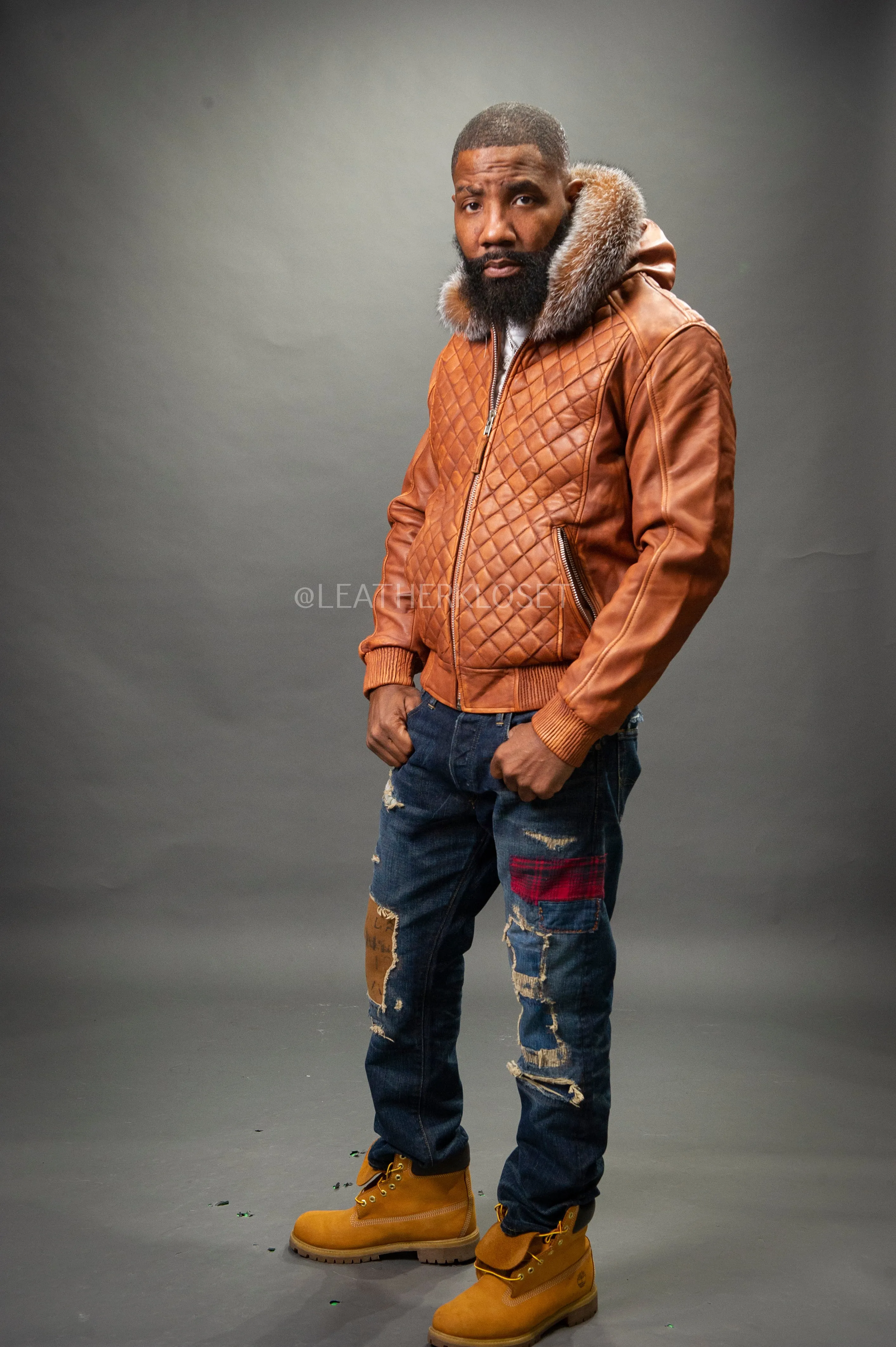 Men's Lucas Quilted Leather Bomber Jacket Hood [Caramel Crunch]