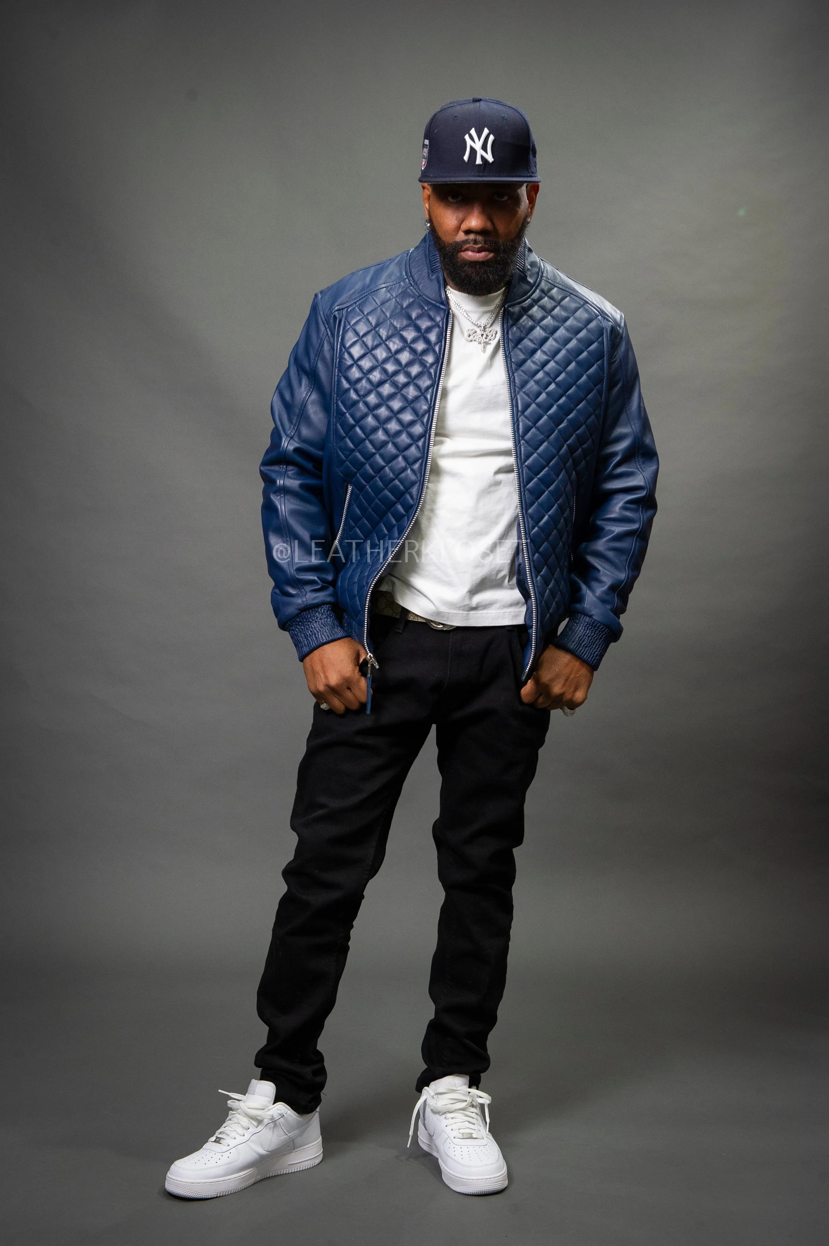 Men's Lucas Quilted Leather Bomber Jacket [Navy Blue]