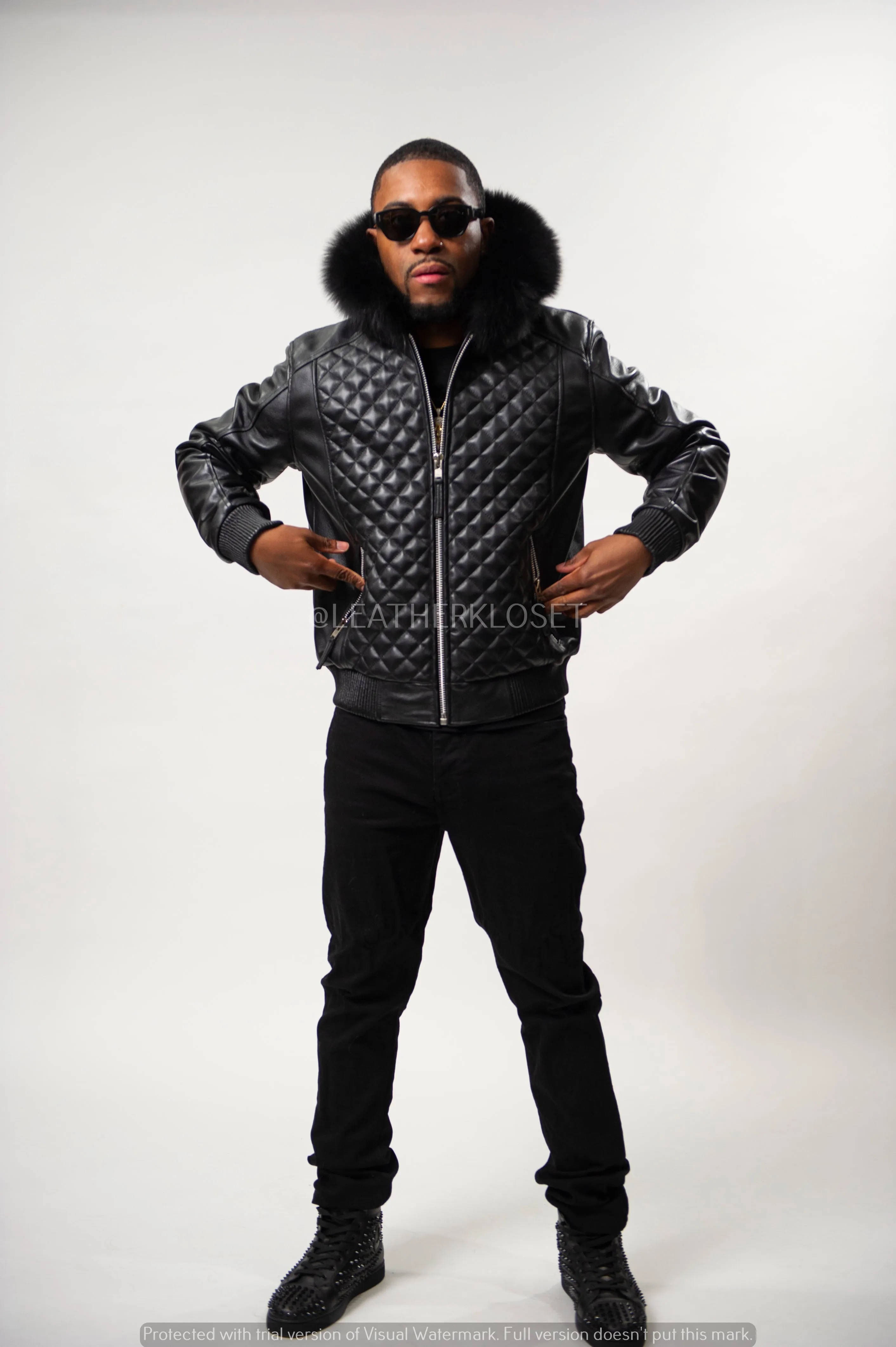 Men's Lucas Quilted Leather Bomber Jacket With Fox Hood [Black Fox]