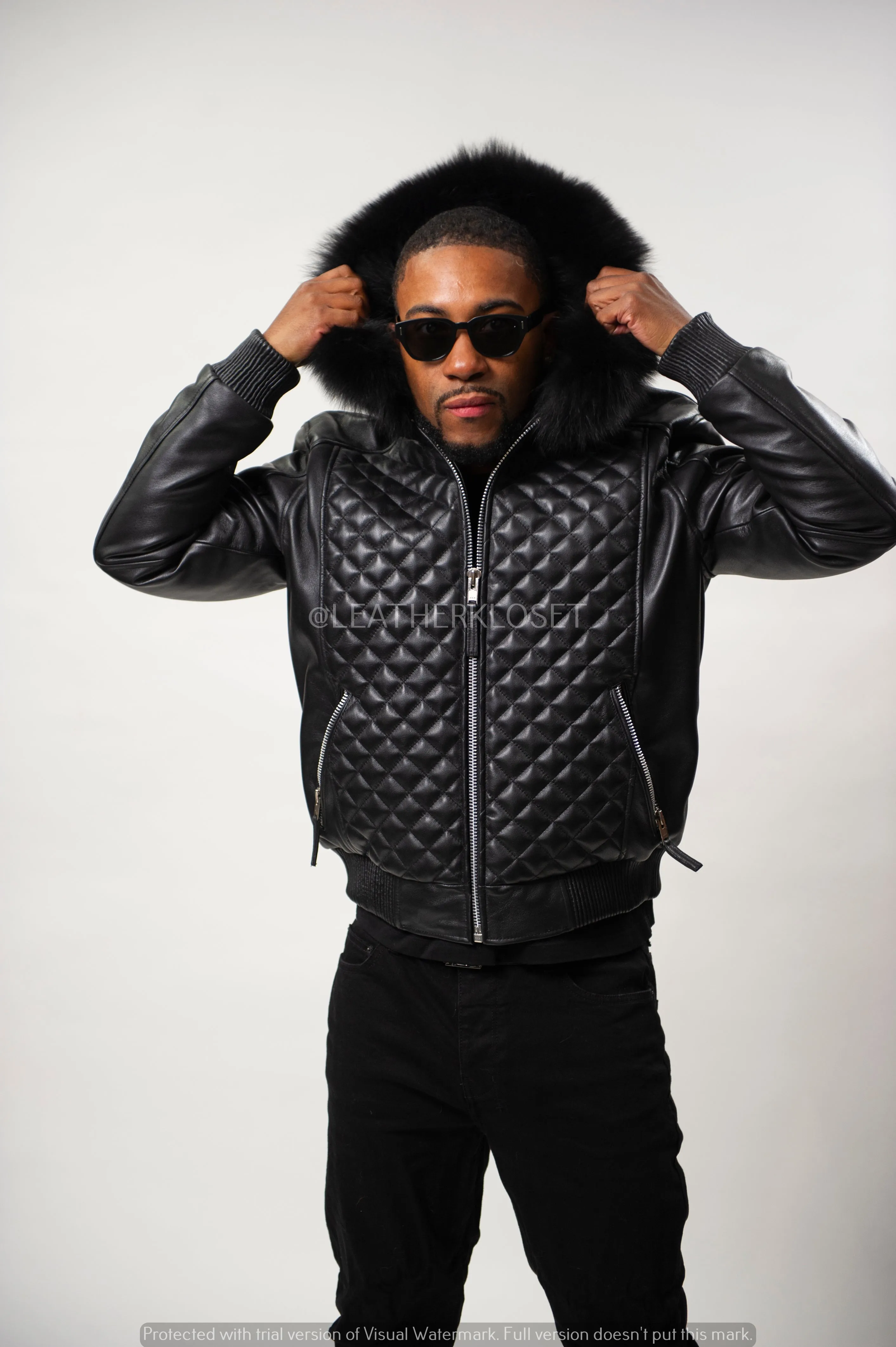 Men's Lucas Quilted Leather Bomber Jacket With Fox Hood [Black Fox]