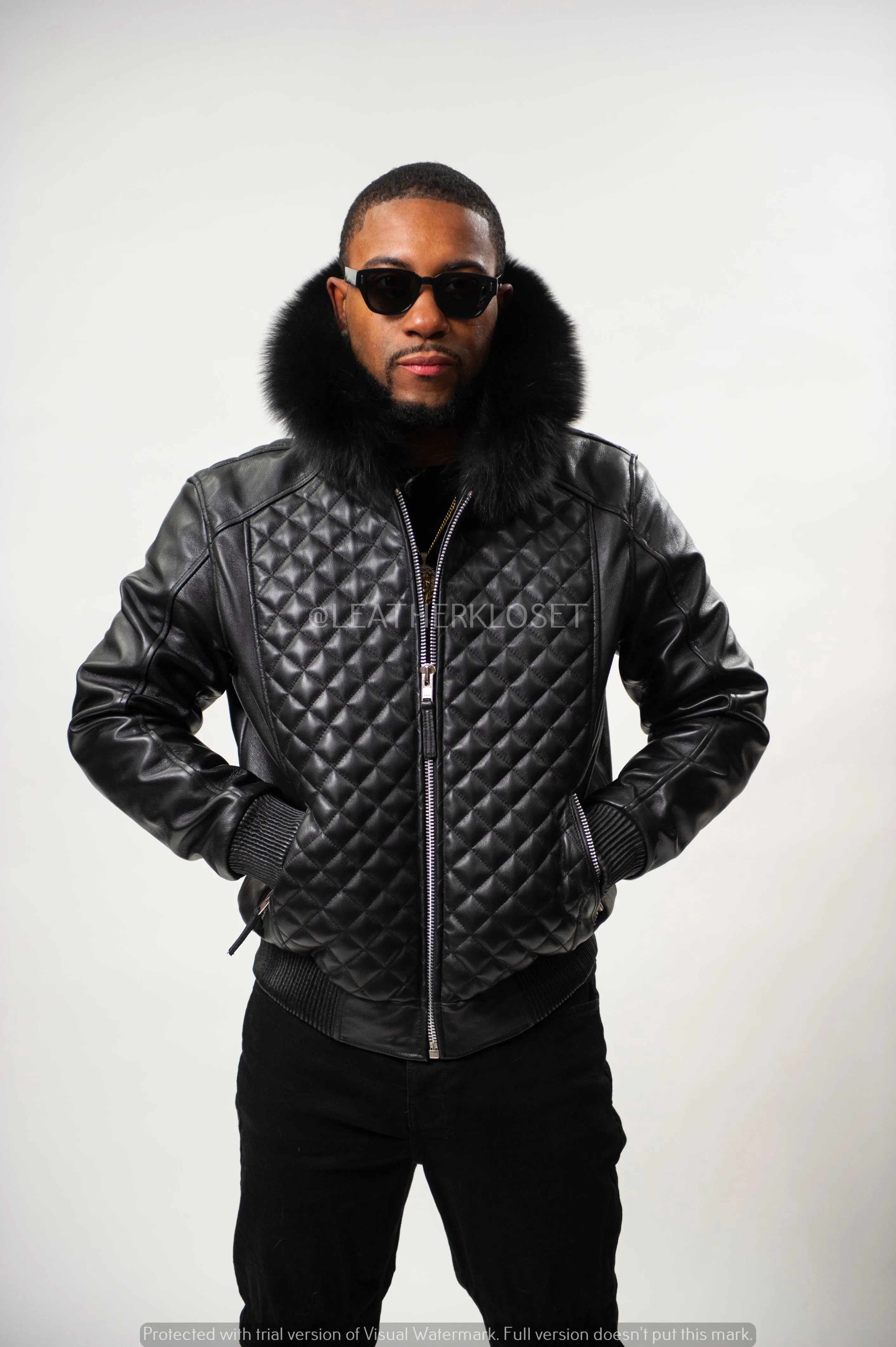 Men's Lucas Quilted Leather Bomber Jacket With Fox Hood [Black Fox]