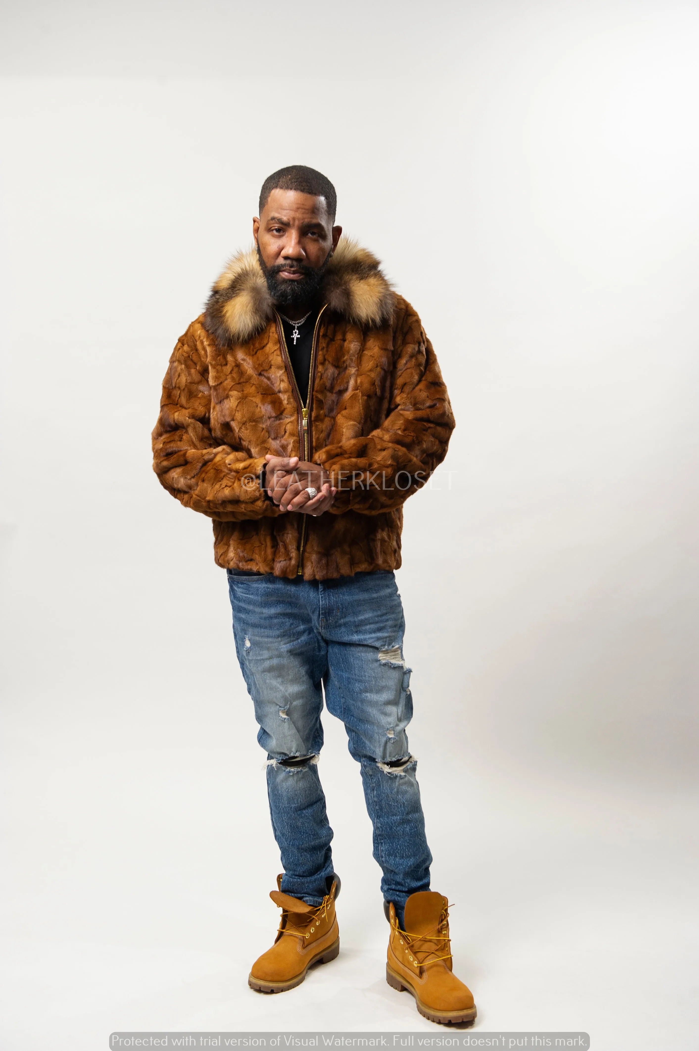 Men's Mink with Fox Fur Bomber Jacket [Whiskey]