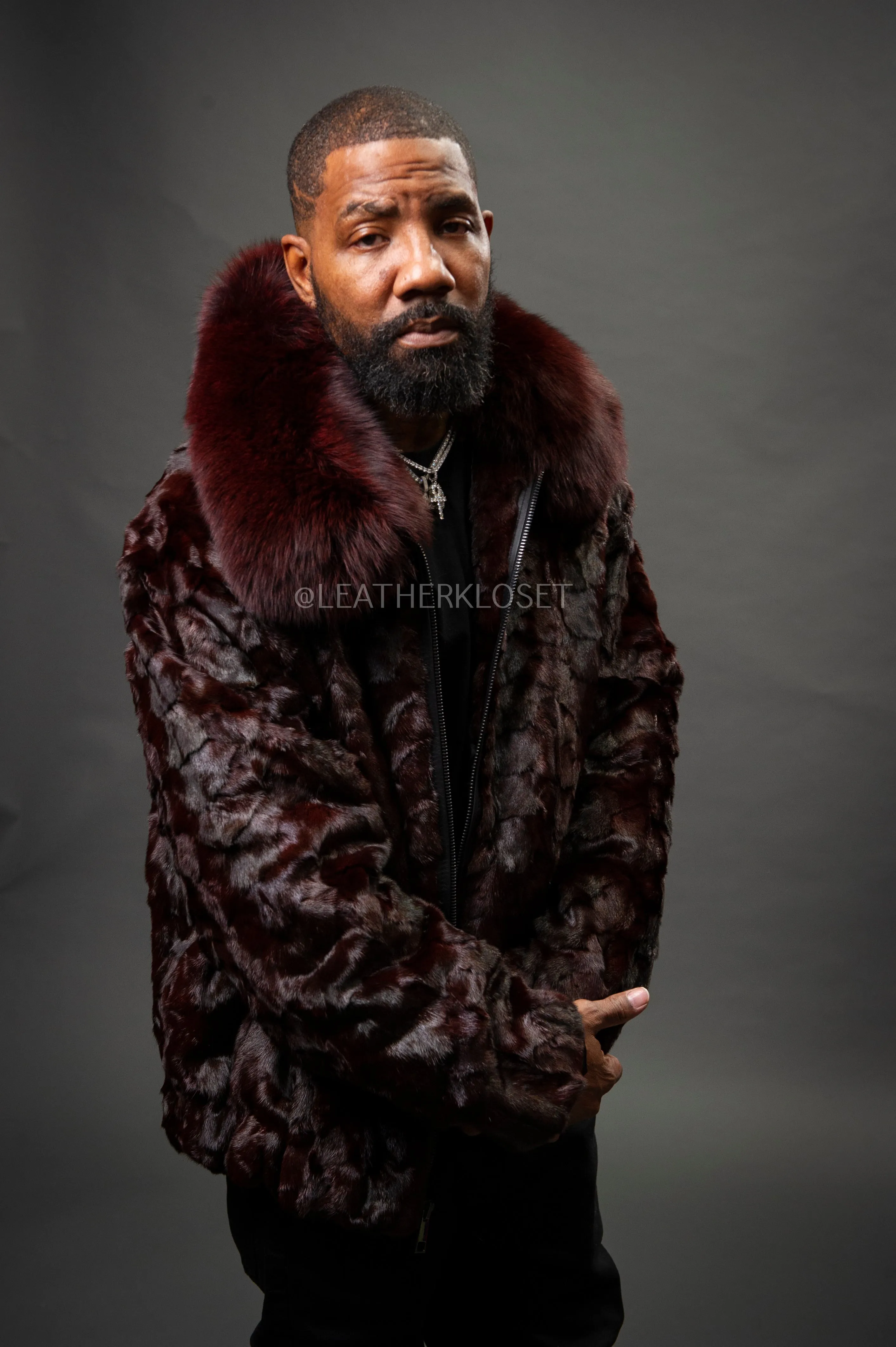 Men's Mink with Fox Fur Bomber Jacket [Wine]