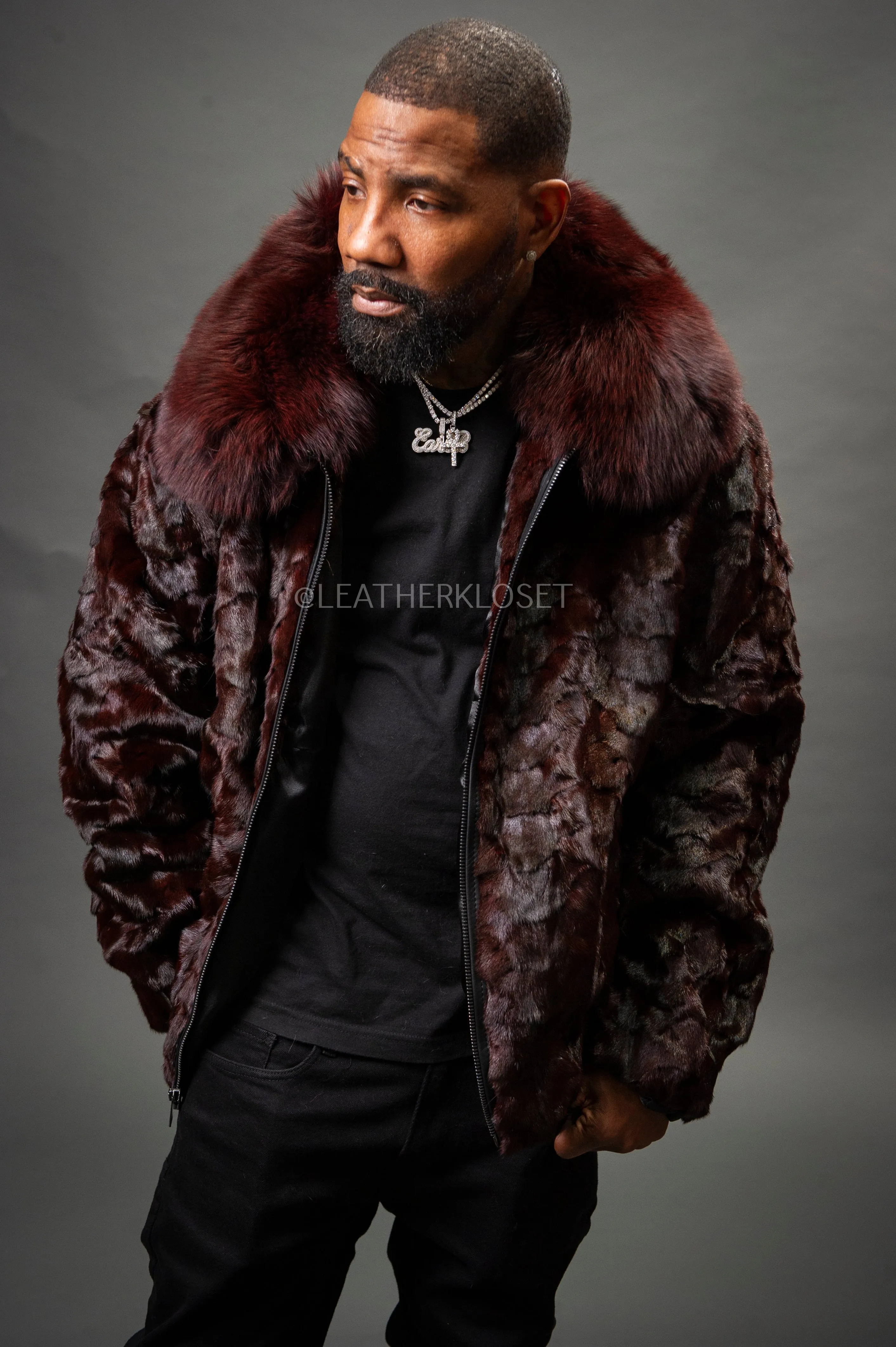 Men's Mink with Fox Fur Bomber Jacket [Wine]