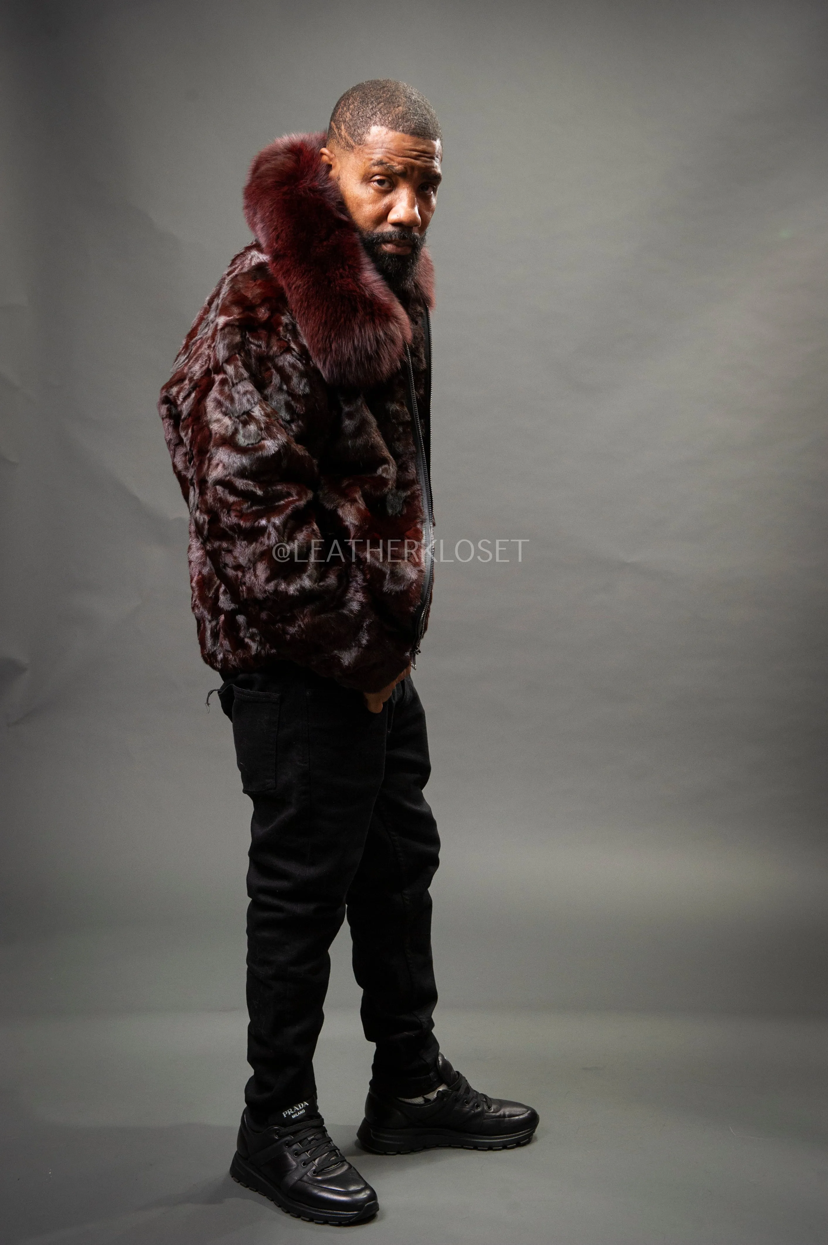 Men's Mink with Fox Fur Bomber Jacket [Wine]