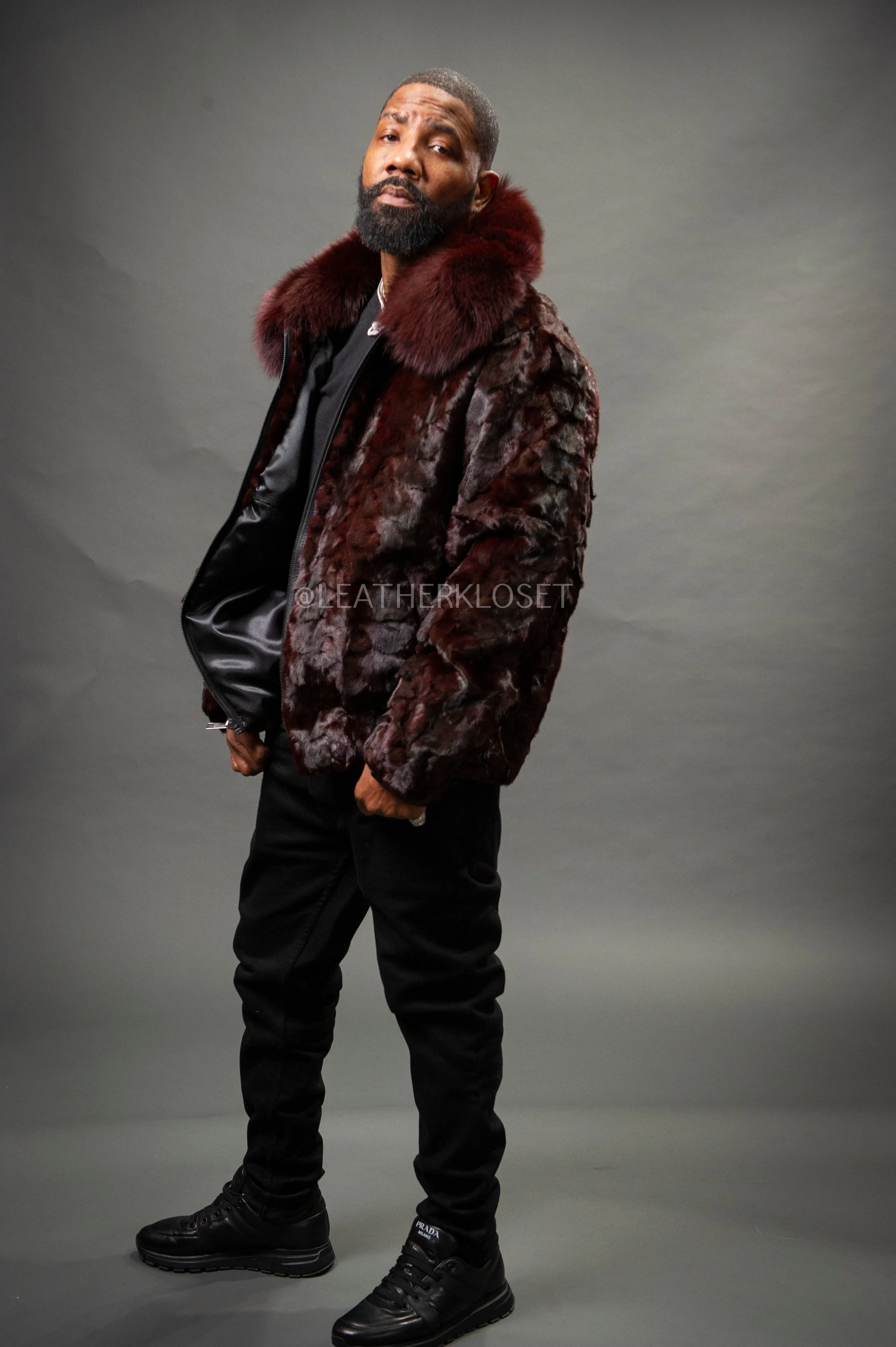 Men's Mink with Fox Fur Bomber Jacket [Wine]