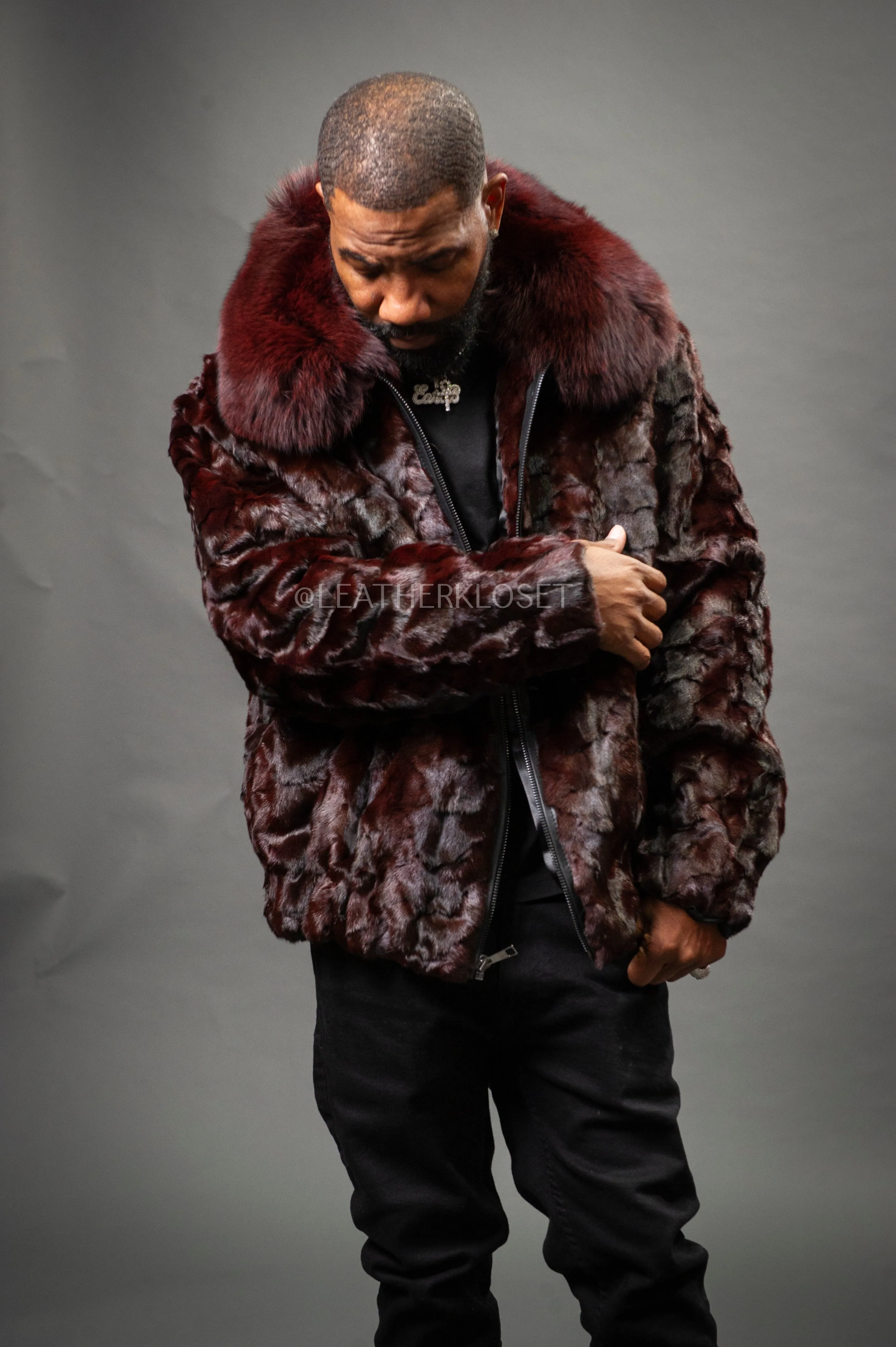 Men's Mink with Fox Fur Bomber Jacket [Wine]