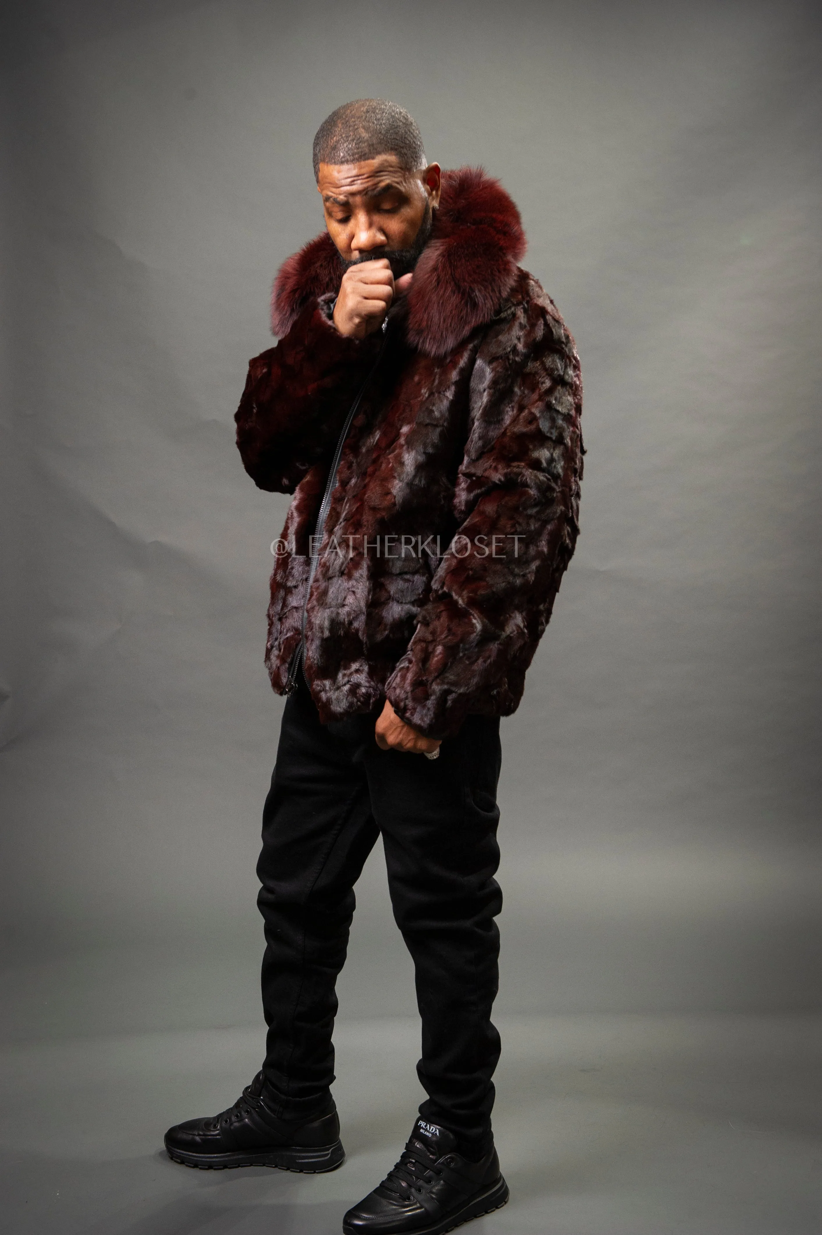 Men's Mink with Fox Fur Bomber Jacket [Wine]