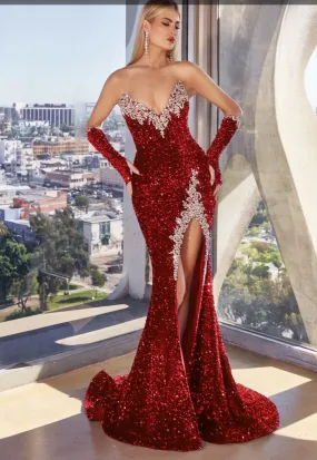 STRAPLESS SEQUIN GOWN WITH MATCHING GLOVES