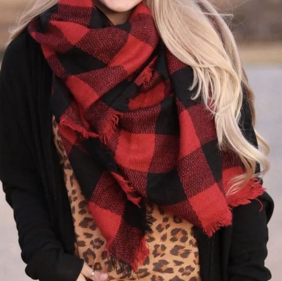 Tres Chic Oversized Blanket Scarf - Black & Red