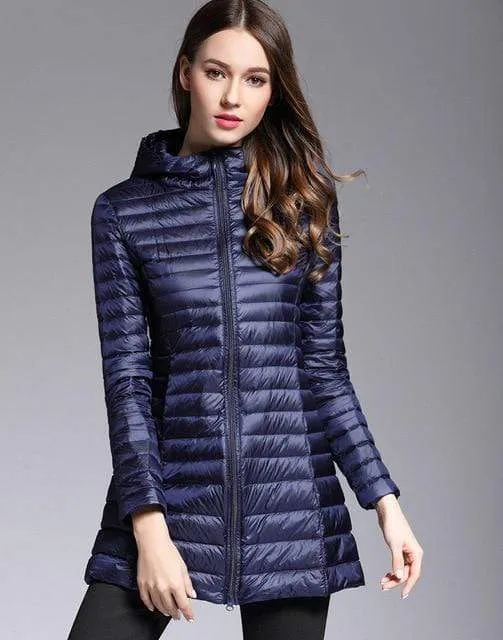 Woman Padded Hooded  White Duck Down Long Jacket