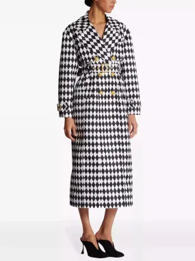 Women’s Belted Black and White Diamond Pattern Double-Breasted Trench Coat