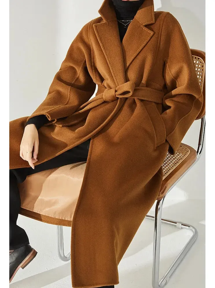 Women’s Belted Cashmere Wool Wrap Coat, Dark Caramel