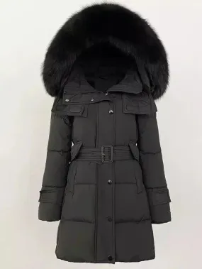 Women’s Belted Fur-Hooded Down Coat in Black