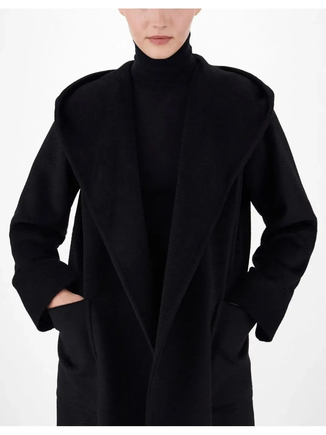 Women’s Belted Hooded Midi Coat in Black