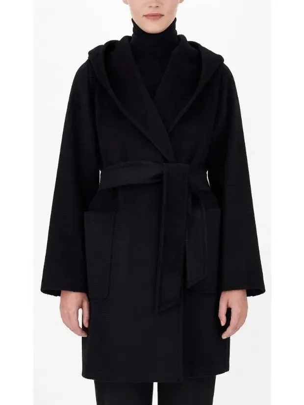 Women’s Belted Hooded Midi Coat in Black